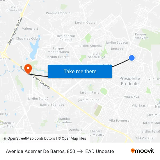 Avenida Ademar De Barros, 850 to EAD Unoeste map