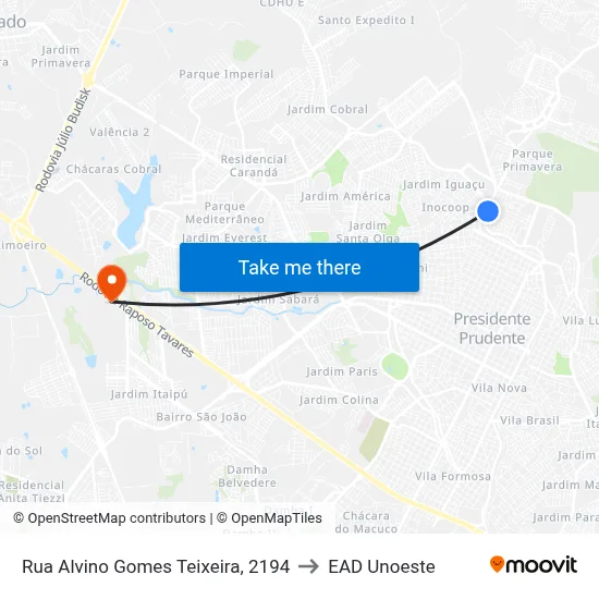 Rua Alvino Gomes Teixeira, 2194 to EAD Unoeste map