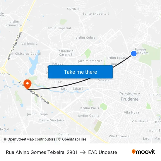 Rua Alvino Gomes Teixeira, 2901 to EAD Unoeste map