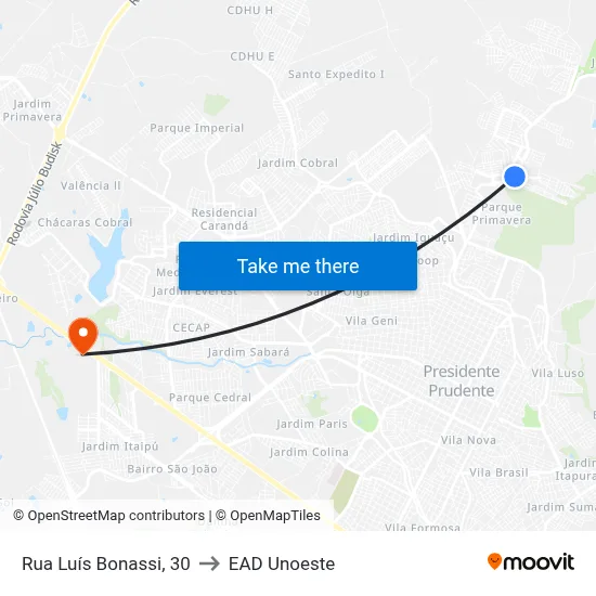 Rua Luís Bonassi, 30 to EAD Unoeste map
