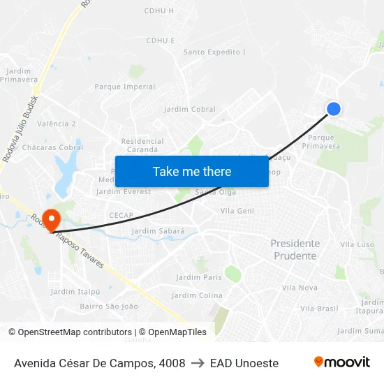 Avenida César De Campos, 4008 to EAD Unoeste map