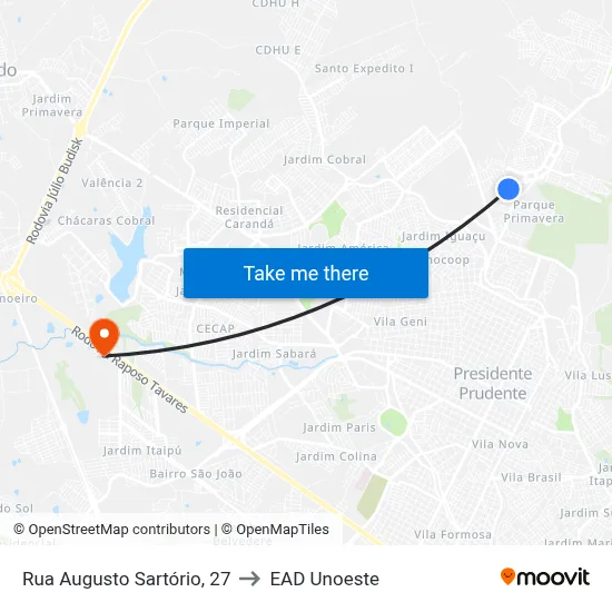 Rua Augusto Sartório, 27 to EAD Unoeste map