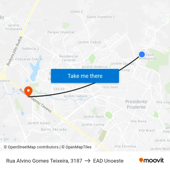 Rua Alvino Gomes Teixeira, 3187 to EAD Unoeste map