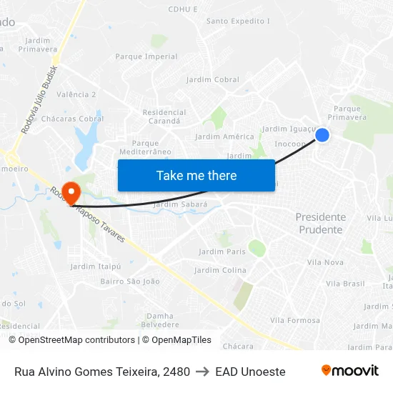 Rua Alvino Gomes Teixeira, 2480 to EAD Unoeste map