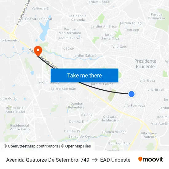 Avenida Quatorze De Setembro, 749 to EAD Unoeste map