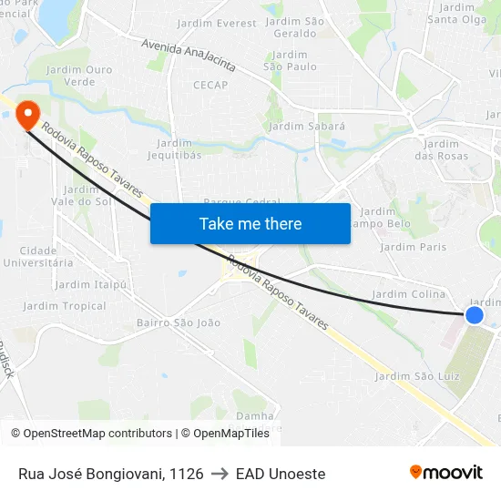 Rua José Bongiovani, 1126 to EAD Unoeste map