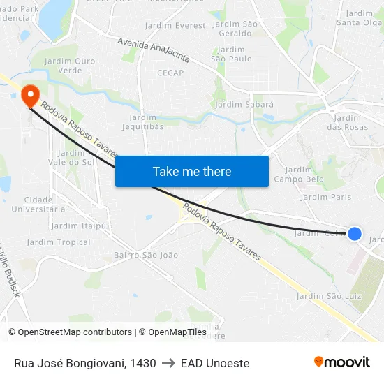 Rua José Bongiovani, 1430 to EAD Unoeste map