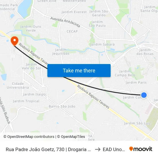 Rua Padre João Goetz, 730 | Drogaria Morumbi to EAD Unoeste map
