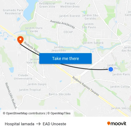 Hospital Iamada to EAD Unoeste map
