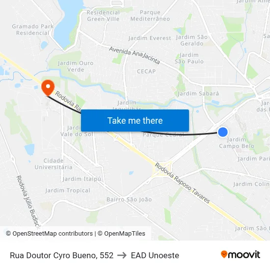 Rua Doutor Cyro Bueno, 552 to EAD Unoeste map