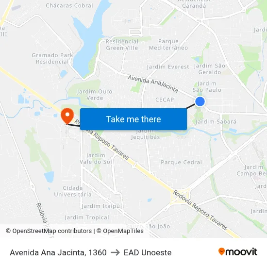 Avenida Ana Jacinta, 1360 to EAD Unoeste map