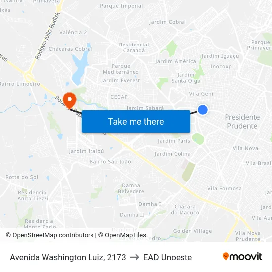 Avenida Washington Luiz, 2173 to EAD Unoeste map