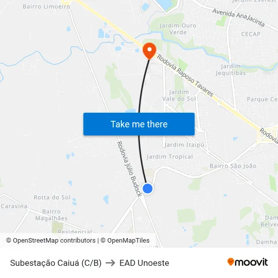 Subestação Caiuá (C/B) to EAD Unoeste map