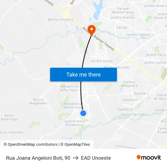 Rua Joana Angeloni Boti, 90 to EAD Unoeste map