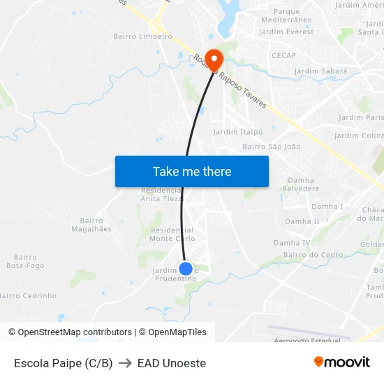 Escola Paipe (C/B) to EAD Unoeste map