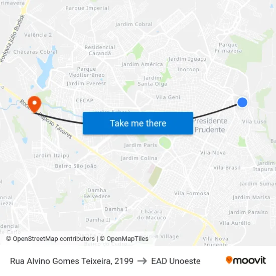Rua Alvino Gomes Teixeira, 2199 to EAD Unoeste map