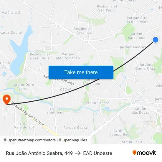 Rua João Antônio Seabra, 449 to EAD Unoeste map