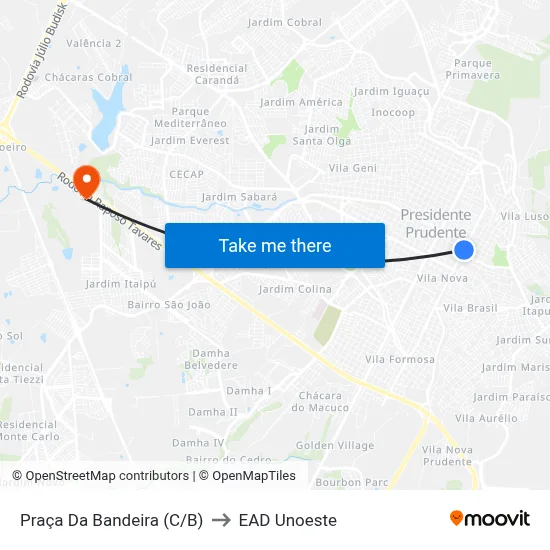 Praça Da Bandeira (C/B) to EAD Unoeste map
