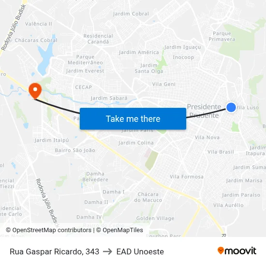 Rua Gaspar Ricardo, 343 to EAD Unoeste map