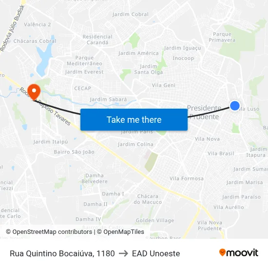 Rua Quintino Bocaiúva, 1180 to EAD Unoeste map