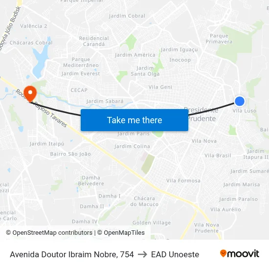 Avenida Doutor Ibraim Nobre, 754 to EAD Unoeste map