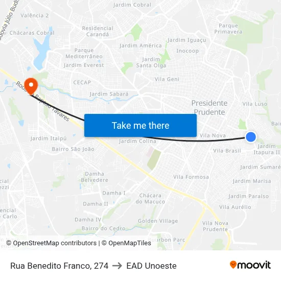 Rua Benedito Franco, 274 to EAD Unoeste map