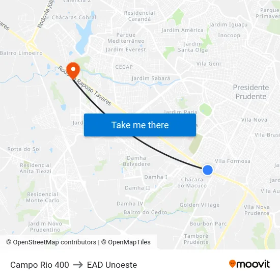 Campo Rio 400 to EAD Unoeste map