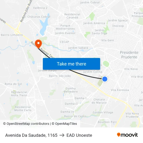 Avenida Da Saudade, 1165 to EAD Unoeste map