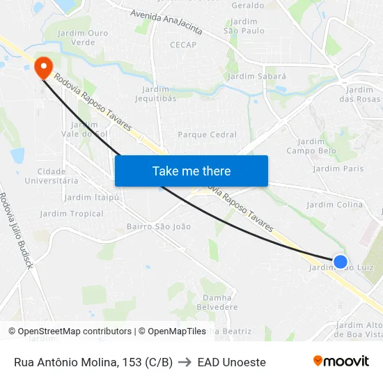Rua Antônio Molina, 153 (C/B) to EAD Unoeste map