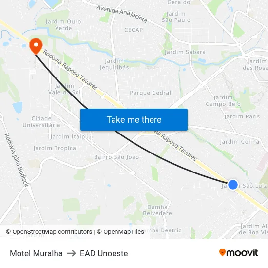 Motel Muralha to EAD Unoeste map