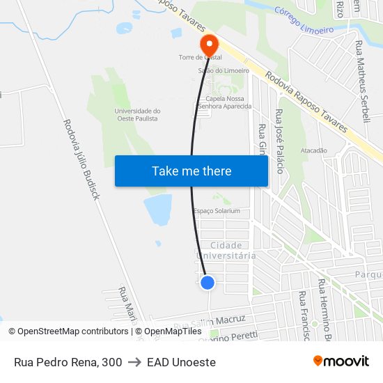 Rua Pedro Rena, 300 to EAD Unoeste map