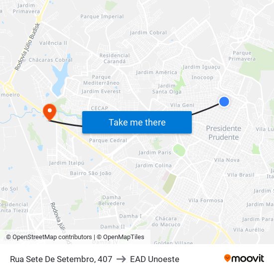 Rua Sete De Setembro, 407 to EAD Unoeste map