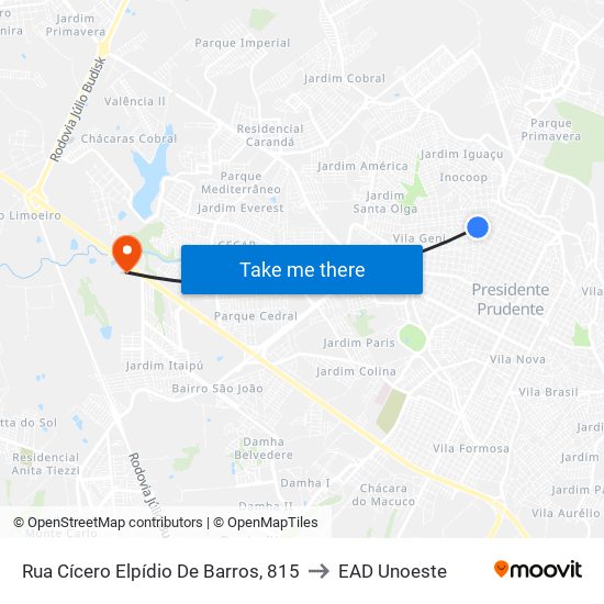 Rua Cícero Elpídio De Barros, 815 to EAD Unoeste map