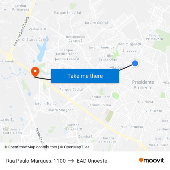 Rua Paulo Marques, 1100 to EAD Unoeste map