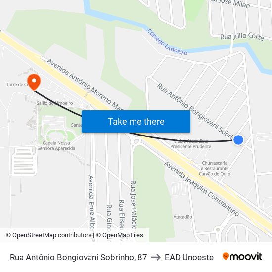 Rua Antônio Bongiovani Sobrinho, 87 to EAD Unoeste map