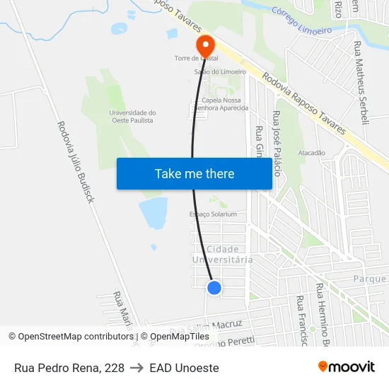 Rua Pedro Rena, 228 to EAD Unoeste map