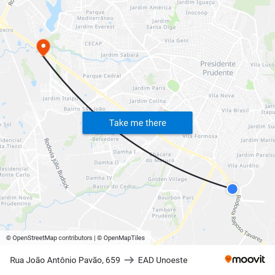 Rua João Antônio Pavão, 659 to EAD Unoeste map