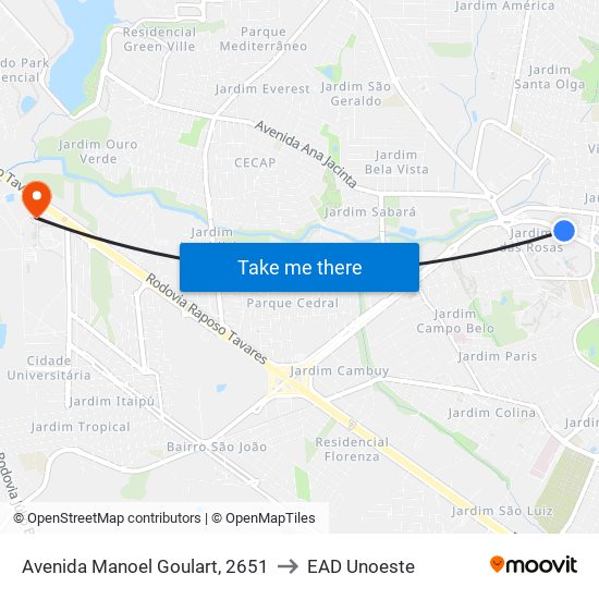 Avenida Manoel Goulart, 2651 to EAD Unoeste map