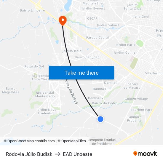 Rodovia Júlio Budisk to EAD Unoeste map