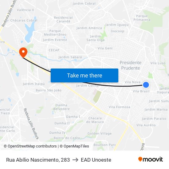 Rua Abílio Nascimento, 283 to EAD Unoeste map