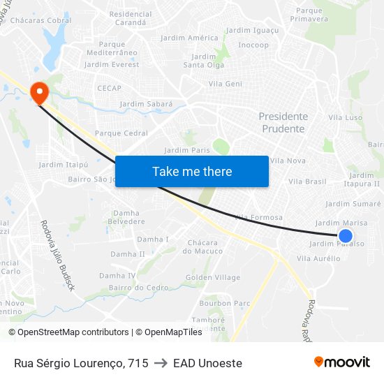 Rua Sérgio Lourenço, 715 to EAD Unoeste map