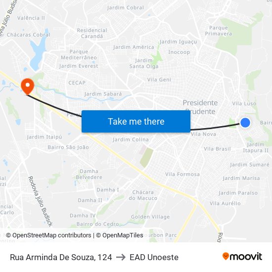 Rua Arminda De Souza, 124 to EAD Unoeste map