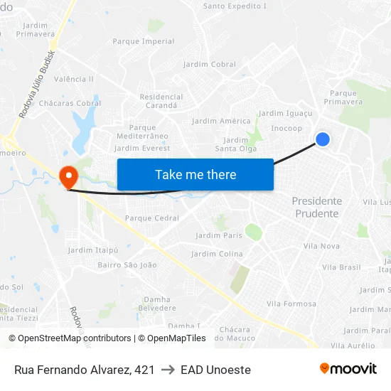Rua Fernando Alvarez, 421 to EAD Unoeste map
