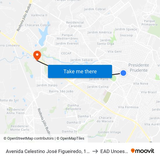 Avenida Celestino José Figueiredo, 152 to EAD Unoeste map