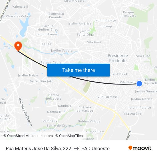 Rua Mateus José Da Silva, 222 to EAD Unoeste map