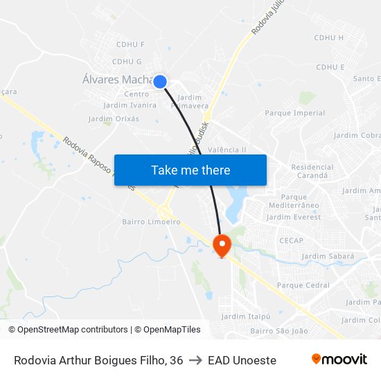 Rodovia Arthur Boigues Filho, 36 to EAD Unoeste map