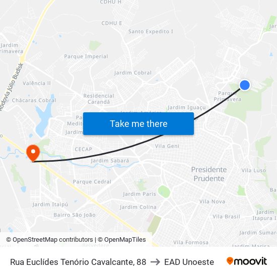 Rua Euclídes Tenório Cavalcante, 88 to EAD Unoeste map