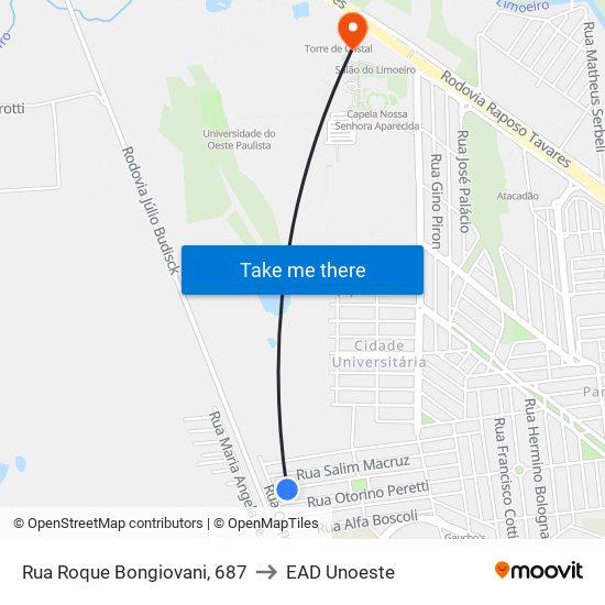 Rua Roque Bongiovani, 687 to EAD Unoeste map