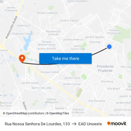 Rua Nossa Senhora De Lourdes, 133 to EAD Unoeste map