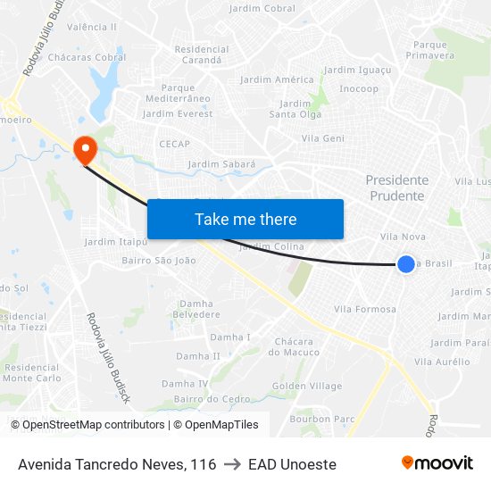 Avenida Tancredo Neves, 116 to EAD Unoeste map